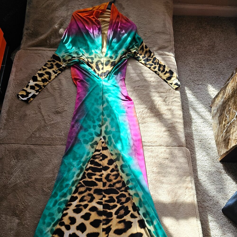 Multicolor Leopard Print Maxi Gown – Long Sleeve Gradient Bodycon Dress